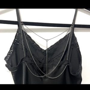 All Saints Women Zemery Chain Satin Slip Midi Dress Black Silver US 6